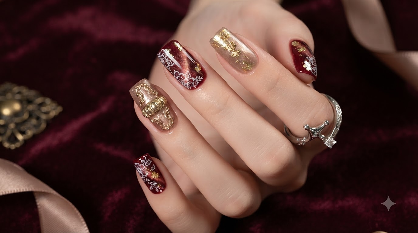 Retro Bordeaux und Blattgold Luxus Nageldesign — Schritt für Schritt Anleitung