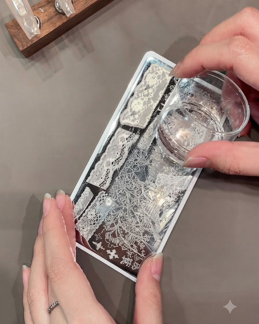 Ein klarer Geleebesen-Stamper nimmt ein kompliziertes weißes Spitzenmuster von einer Metall-Stamping-Platte auf.