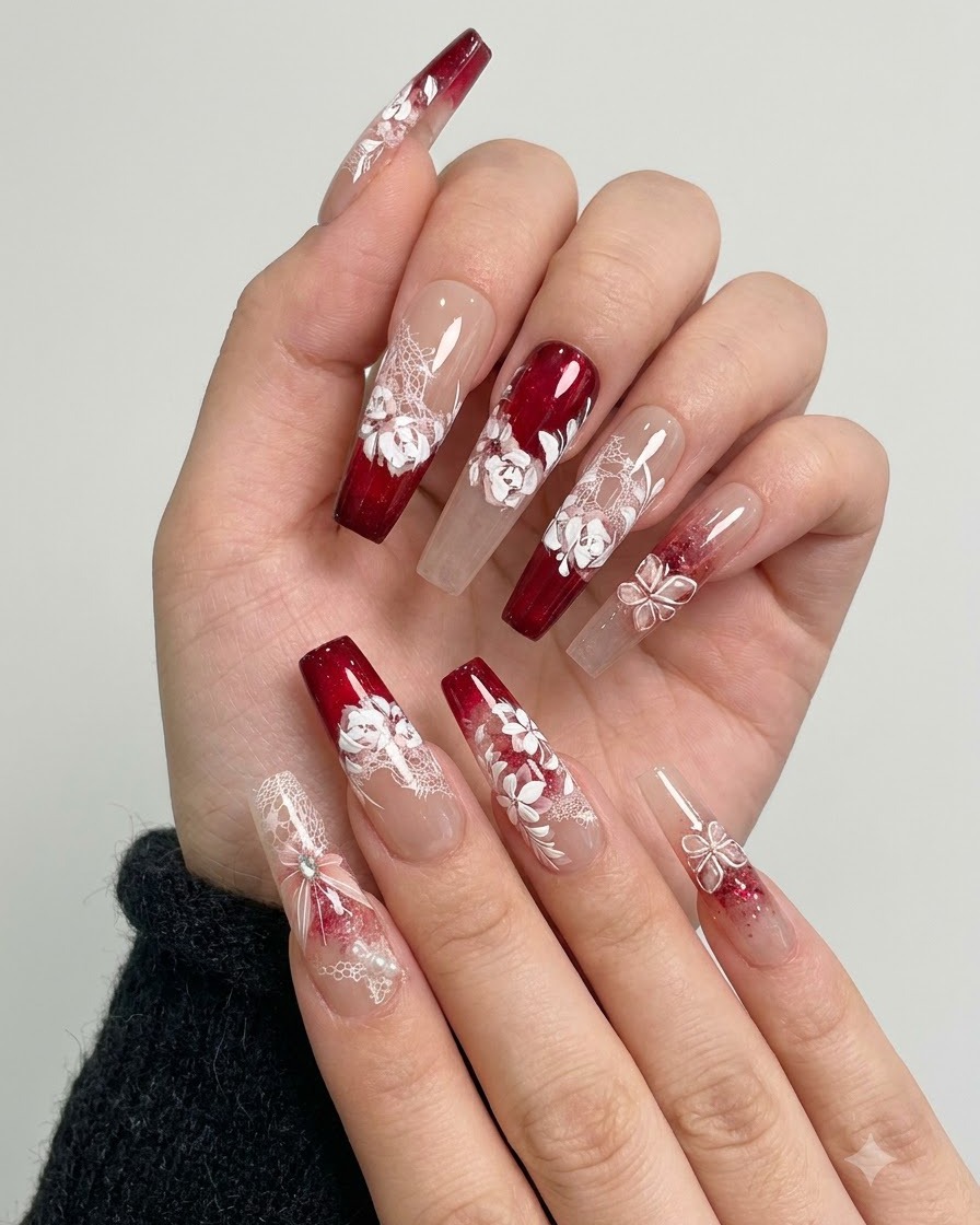 Ein feiner Pinsel trägt Farbe Nummer 6 auf die Mitte des Nagelverlaufs auf.