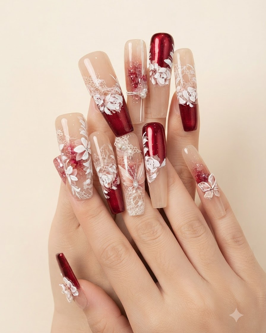 Ein Pinsel trägt eine klare Schicht weichen Verstärkungsgels über ein detailliertes florales Nagelartdesign auf.