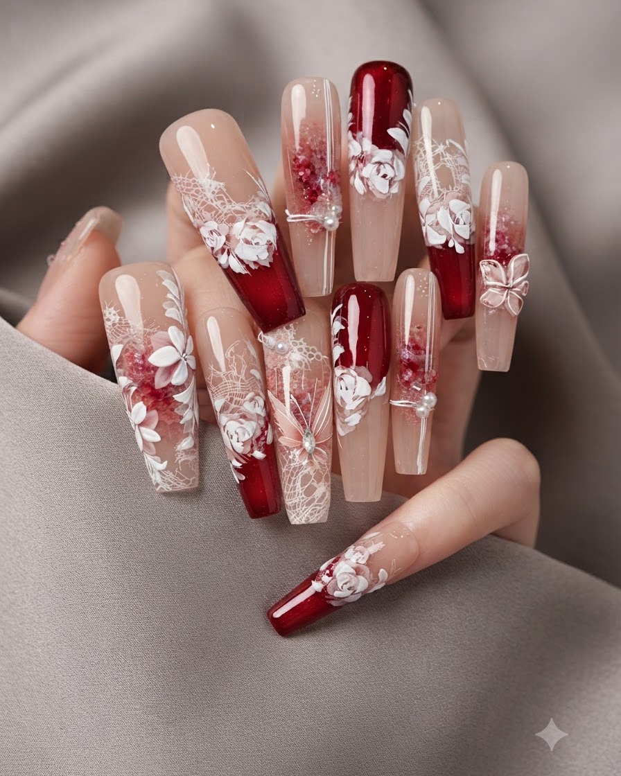Ein Top-Coat-Pinsel gleitet mit einer glänzenden, klaren Schicht über eine fertige dekorative Nageloberfläche.