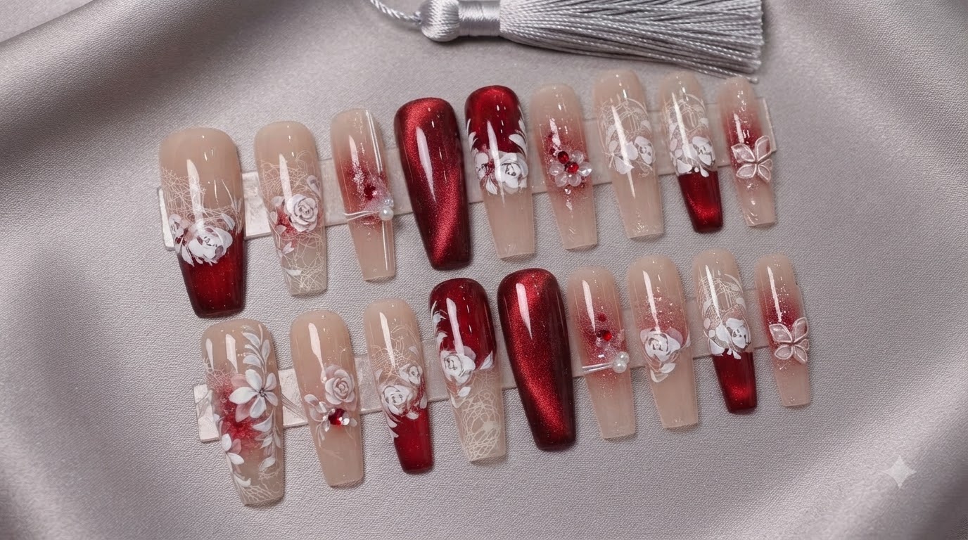 Sommernacht Nageldesign mit Rot-Weißer Spitzen-Nailart und Blumen — Schritt-für-Schritt-Anleitung