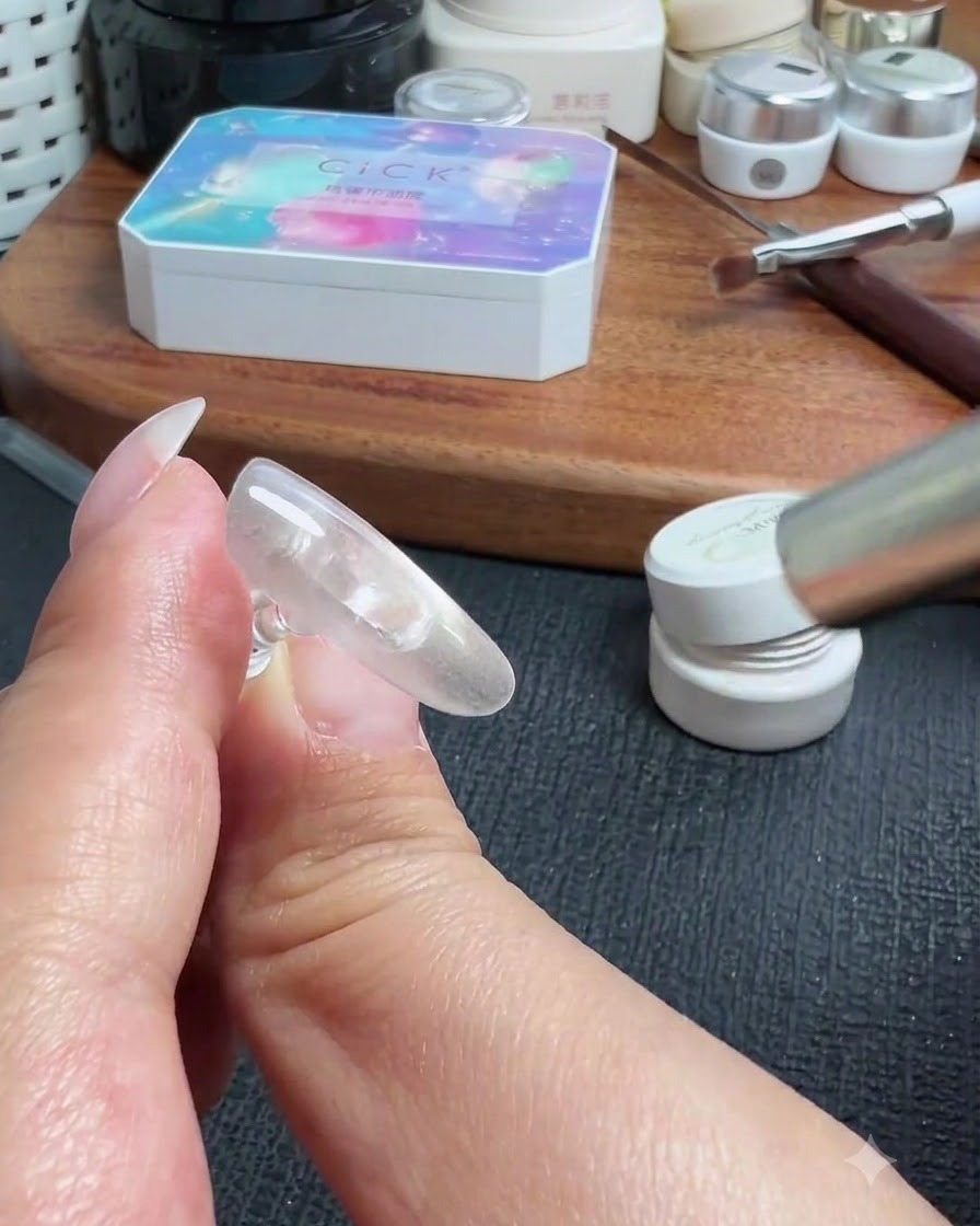Eine Hand hält eine künstliche Nagelverlängerung unter eine tragbare UV-/LED-Taschenlampe, um die Gelschicht auszuhärten.