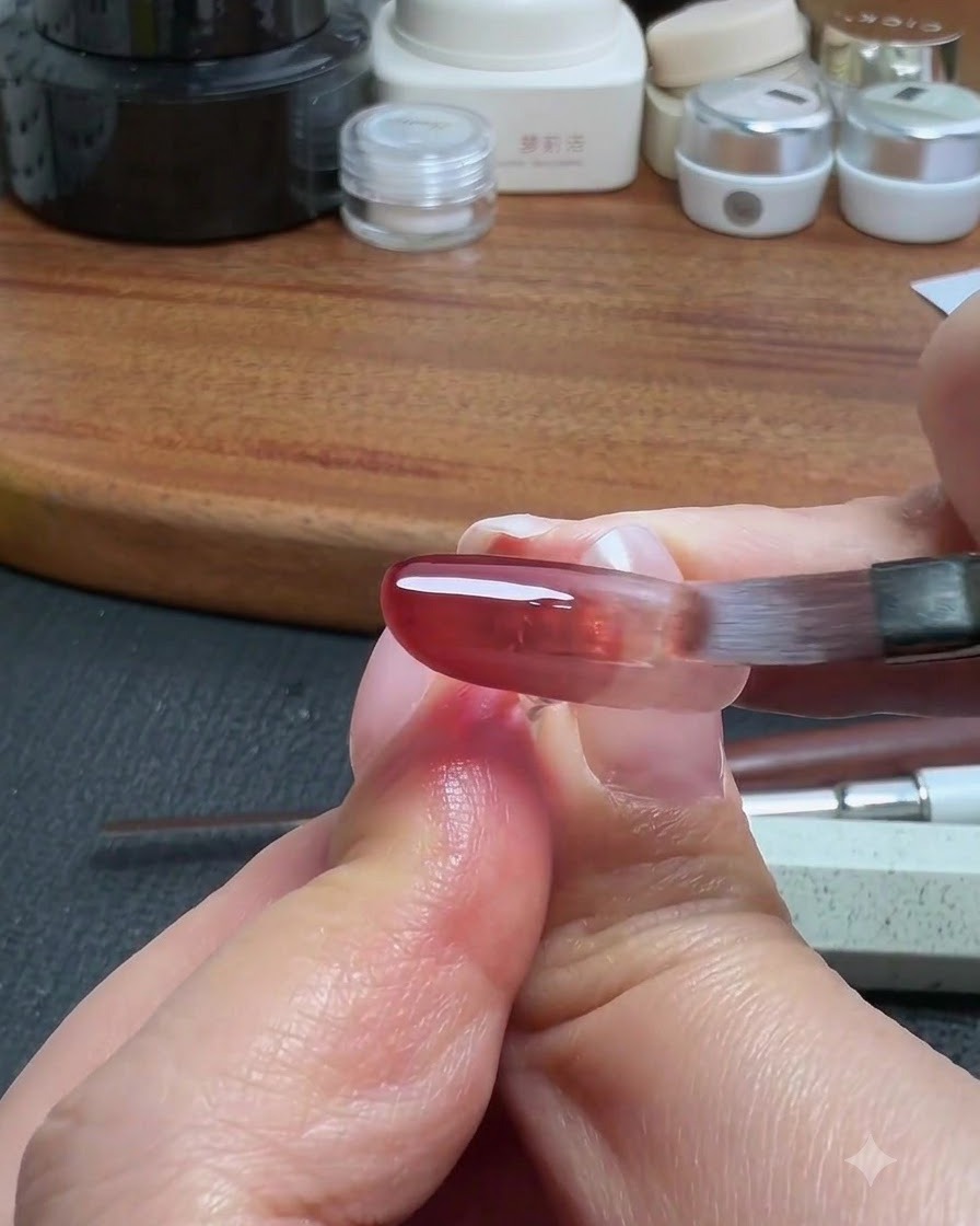 Ein sauberer Nageldesign-Pinsel verblendet sanft die Ränder des roten Gel-auftrags auf der künstlichen Nageloberfläche.