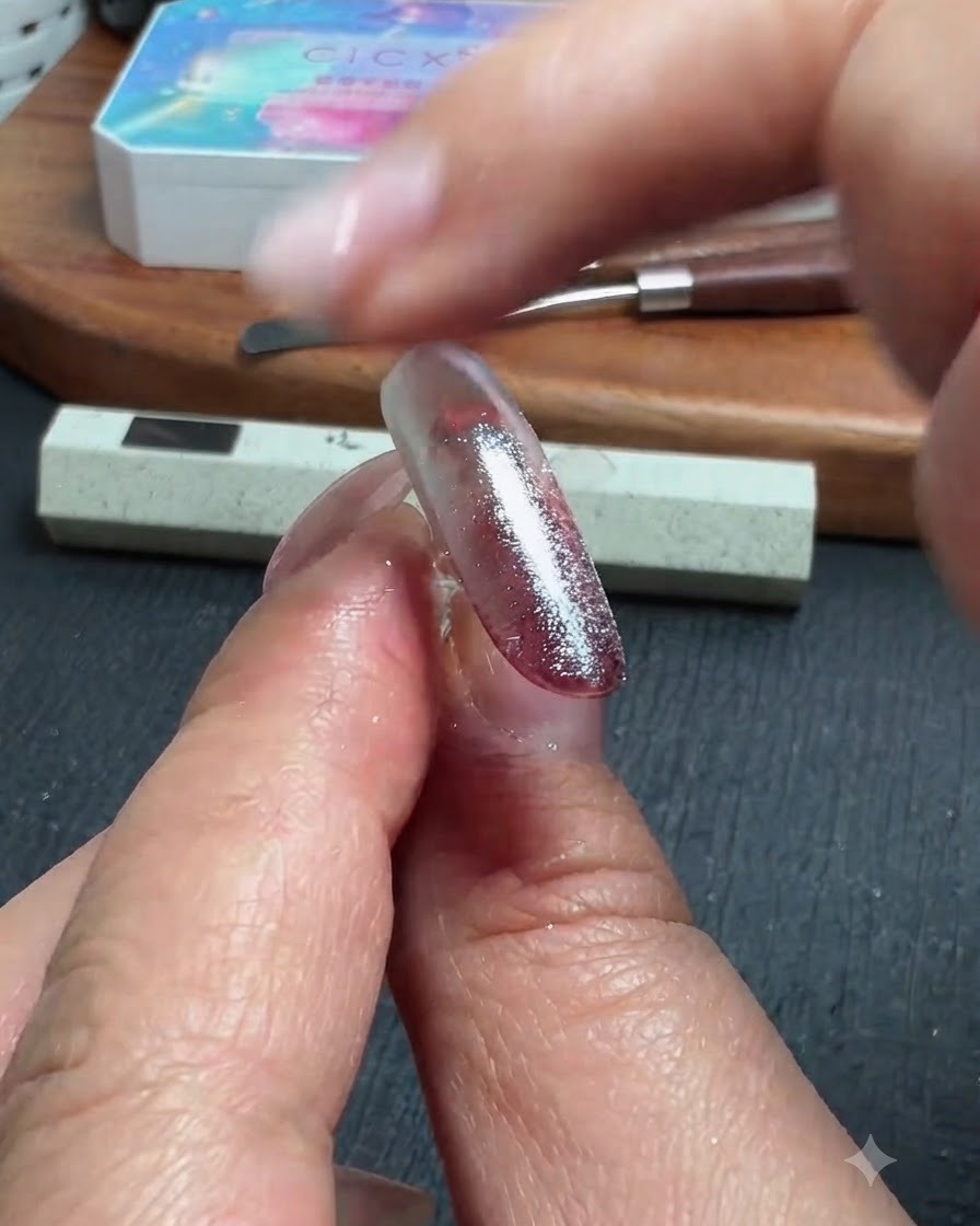 Ein Finger tupft transparentes Chrompuder auf eine glänzende Nageloberfläche.
