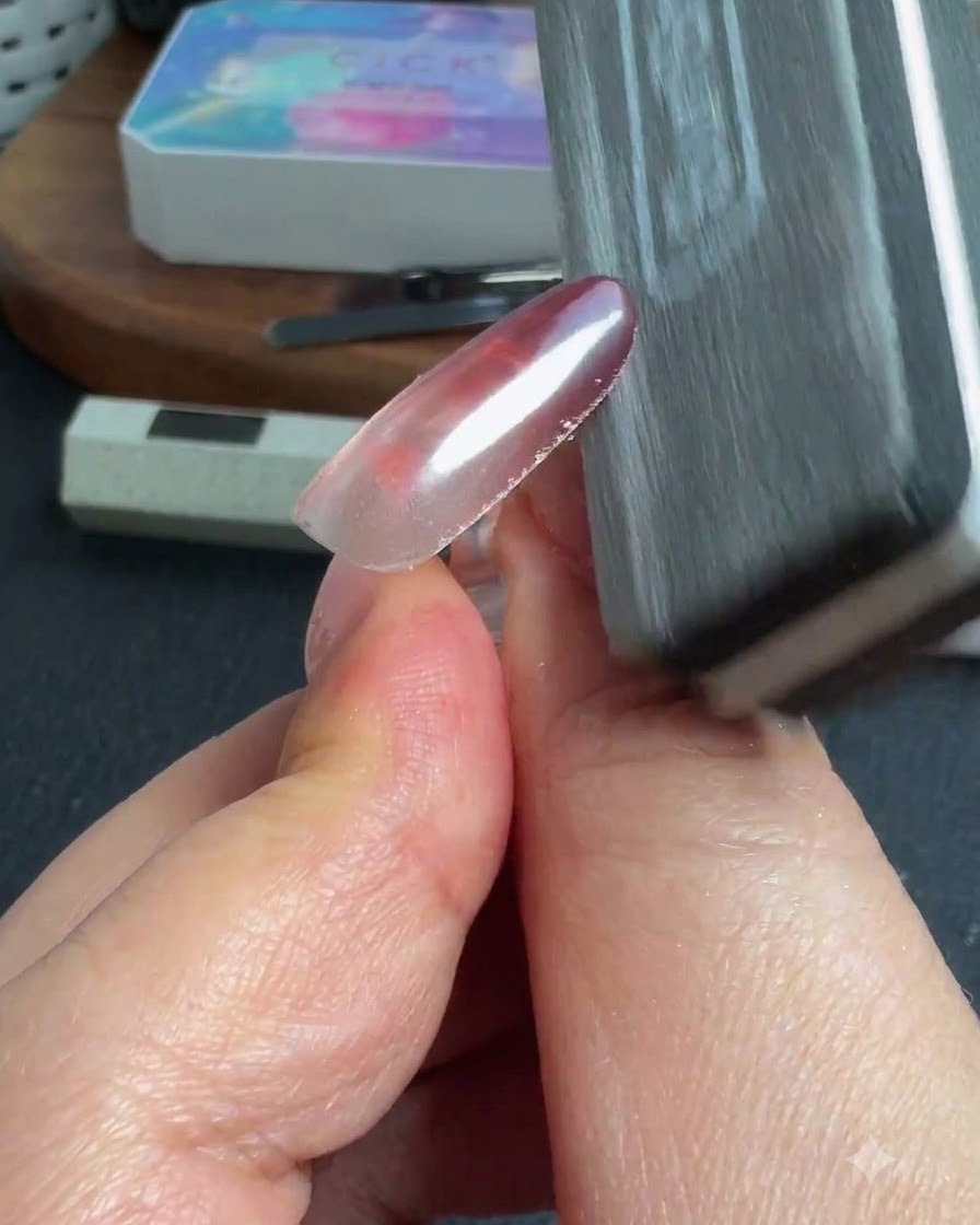 Ein Nagelschwamm oder eine Feile wischt überschüssiges Puder von der Kante eines glänzenden Nagels ab.