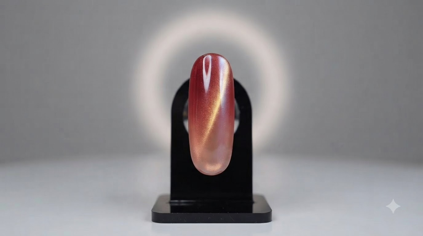 Durchsichtige Eistee-Nägel in Rot mit Gold-Cat-Eye und Chrom-Finish — Silvester-Tutorial