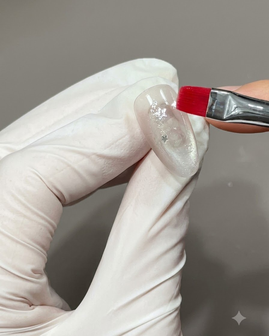 Ein feiner Pinsel platziert eine kleine metallische Sternapplikation auf einem Nagellack mit Schimmer-Finish.