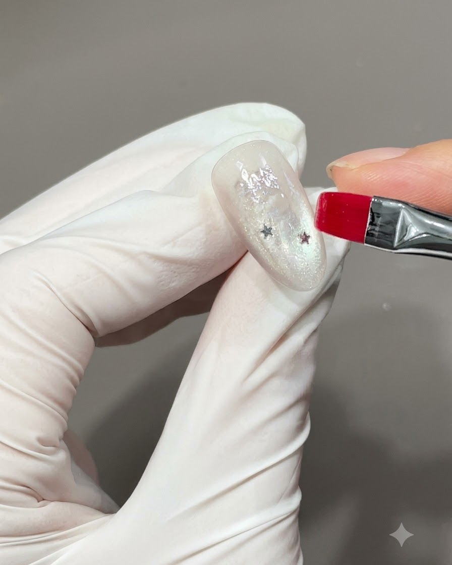 Ein Pinsel trägt klares Base Gel auf einen Nagel auf, um eingebettete Stern-Applikationen zu versiegeln und zu umhüllen.