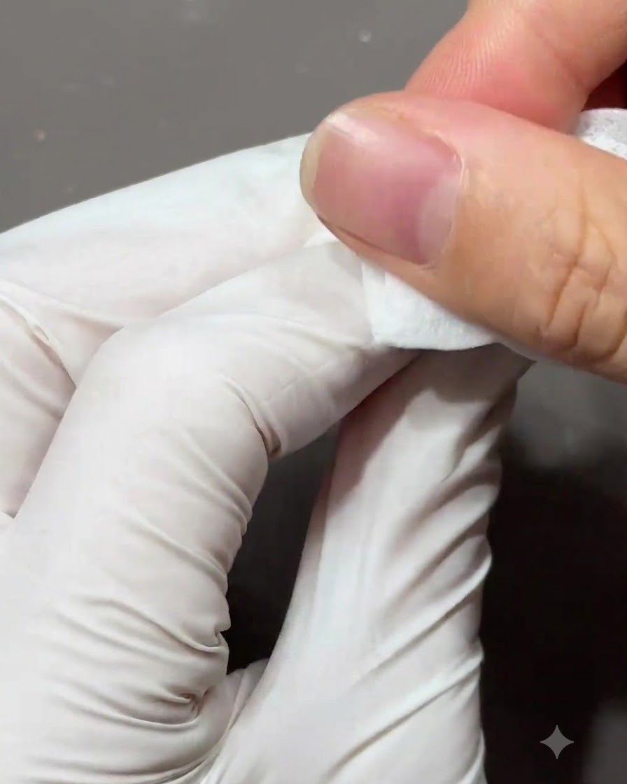 Ein behandschuhter Finger verwendet ein Reinigungstuch, um die Oberfläche eines Nagels zu säubern.