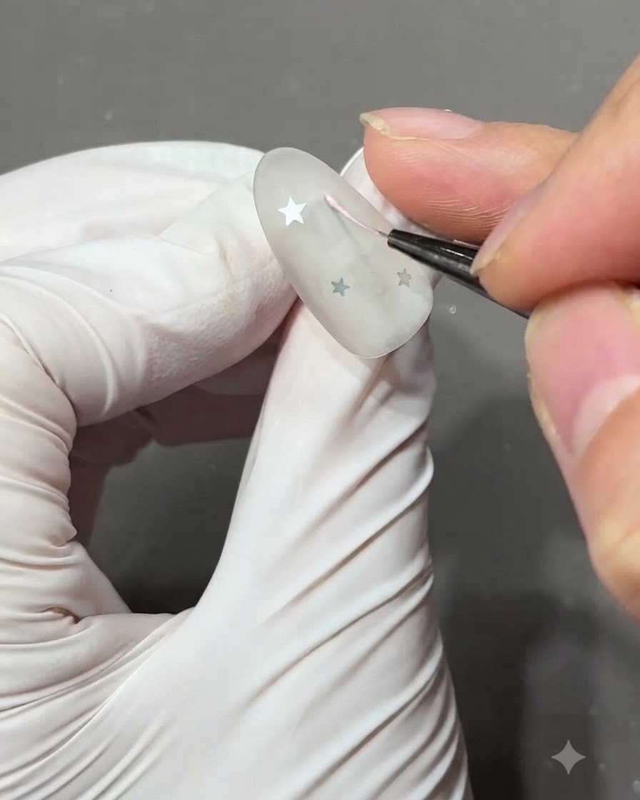 Ein feiner Liner-Pinsel zeichnet die Umrisse eines fünfzackigen Sterns mit hellrosa Gel auf einem matten Nude-Nagel.