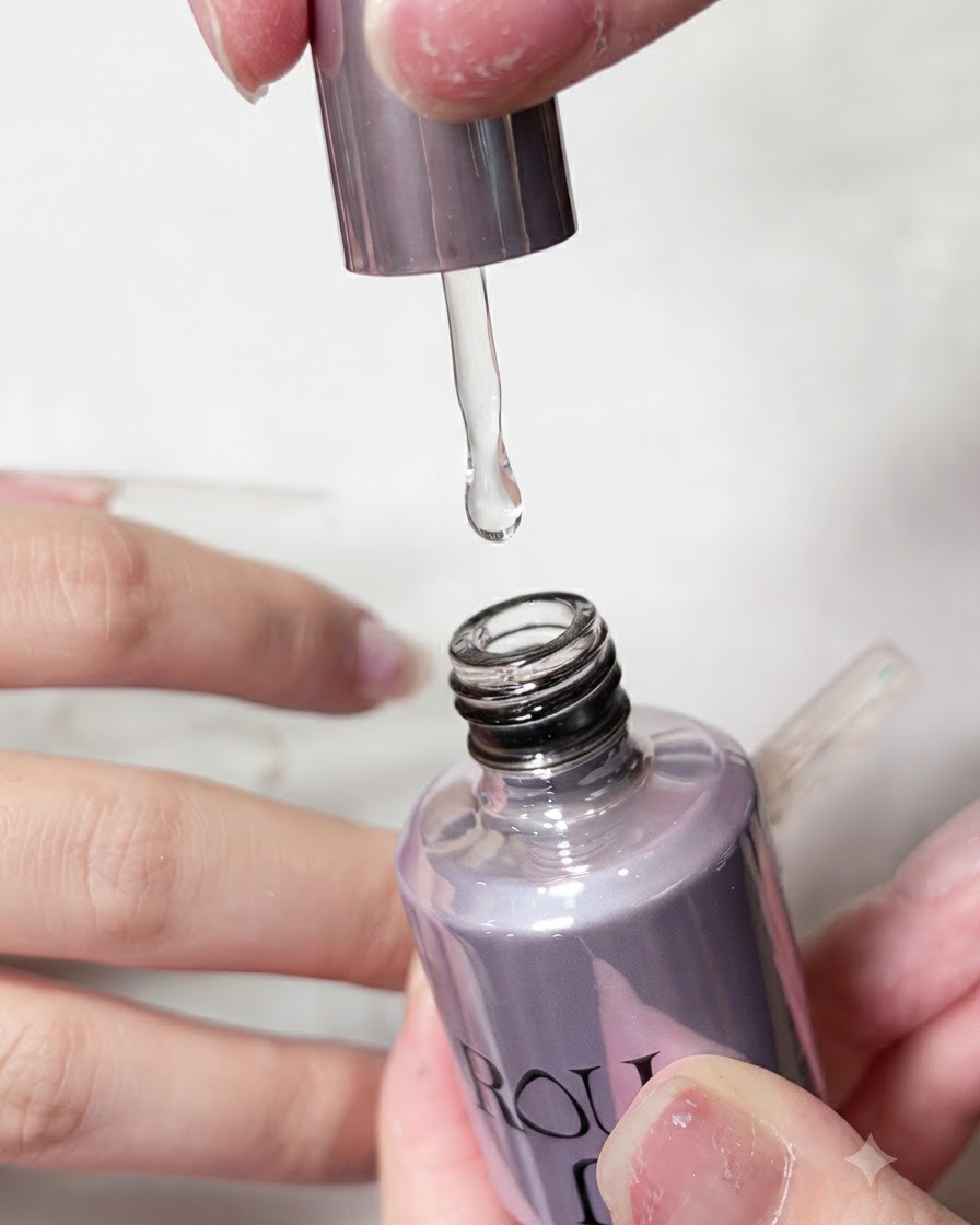 Hände halten eine geöffnete Nagelkleberflasche mit tropfendem Pinselapplikator.