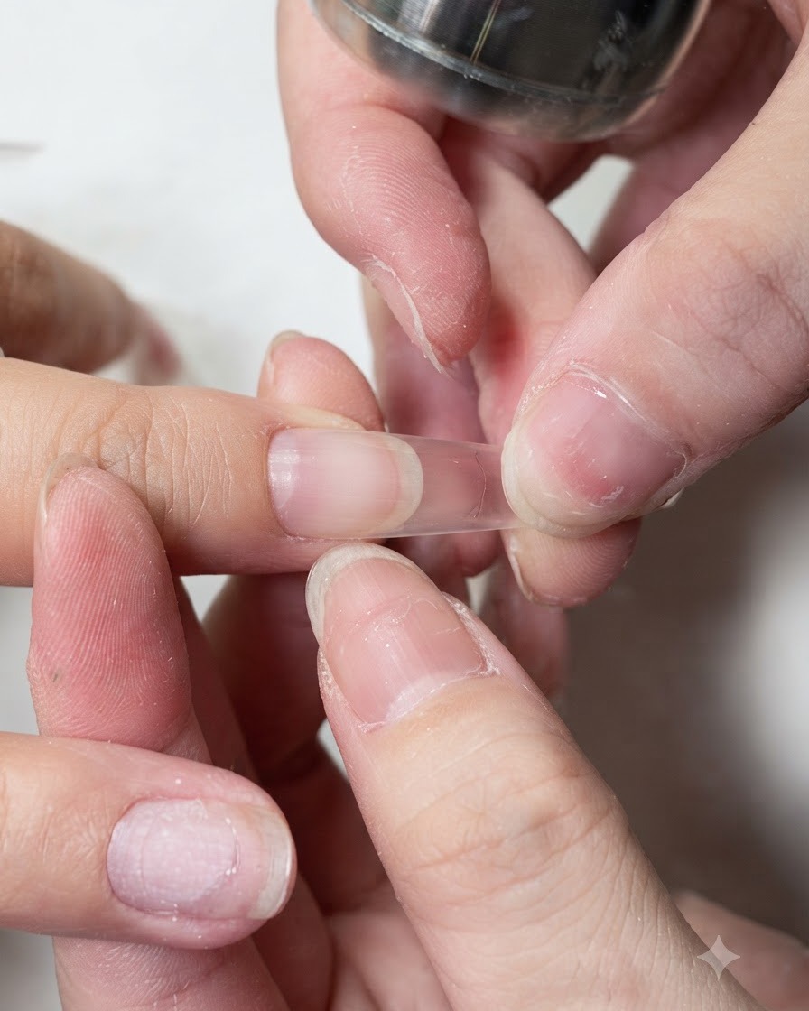 Finger drücken auf die Seiten eines klaren Nagel-Tips, der auf einem Naturnagel angebracht ist.
