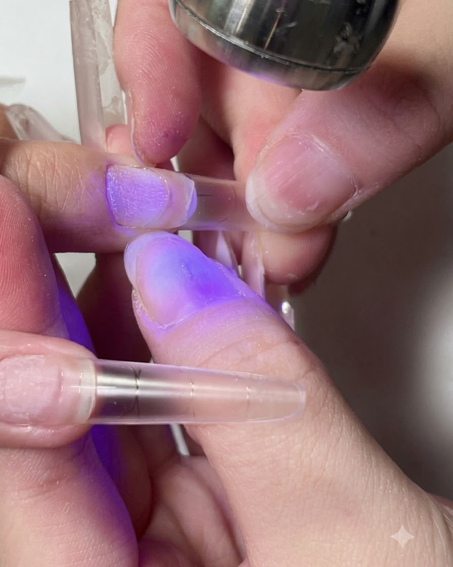 Eine violette UV/LED Handlampe härtet Kleber unter einer klaren Nagelverlängerung aus.