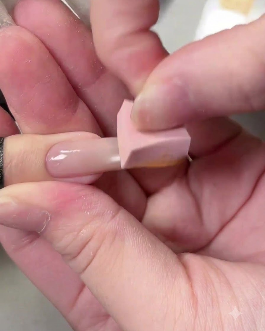 Ein rosa Schwamm-Applikator tupft sanft einen warmen orange-gelben Verlauf auf einen gelbeschichteten Nagel-Tip.