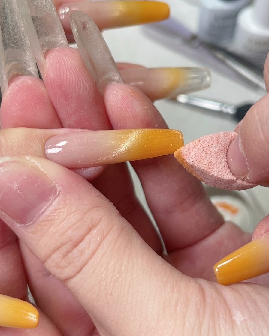 Nahaufnahme einer Palette mit Strasskleber, Platin-Gel und feinem Glitzer, die zusammengemischt werden.