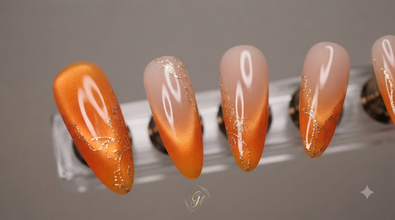 Lange Mandel-Nägel mit einem Sonnenuntergang-Orange-Verlauf, milchiger durchscheinender Basis, Cat-Eye-Glaseffekt und zarten Glitzer-Akzentlinien.