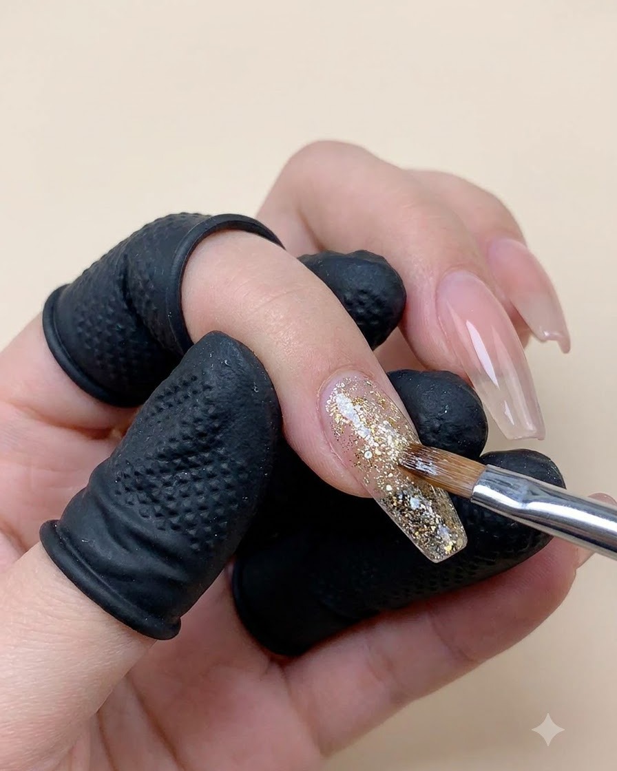 Eine Nahaufnahme einer Hand mit schwarzen Fingerlingen, die mit einem feinen Pinsel Gold- und Holografie-Glitzer-Flakes auf eine verlängerte Klarsicht-Nagelverlängerung aufträgt.