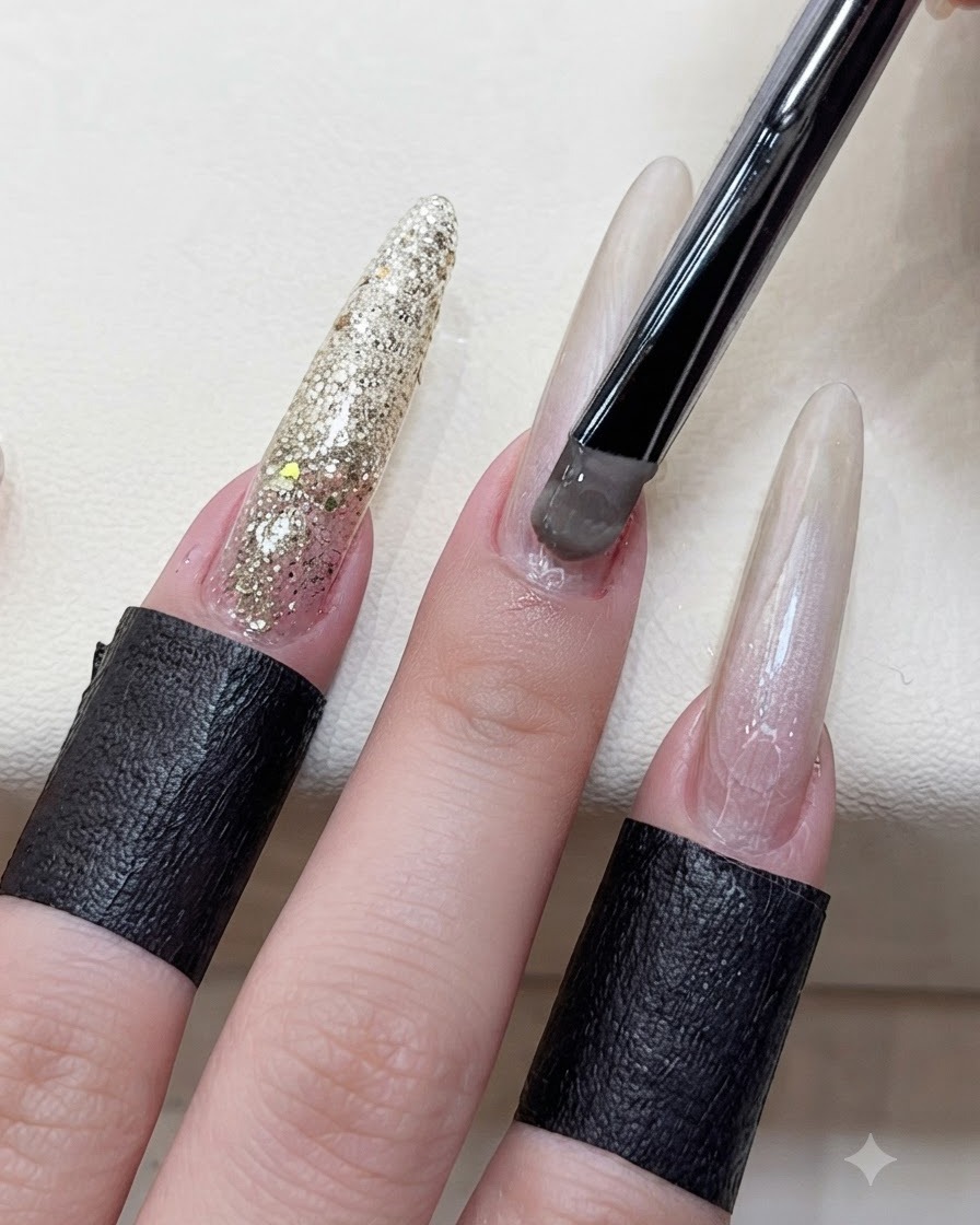 Eine Nahaufnahme einer Hand, die mit einem schwarz besetzten Pinsel graubraunes Cat-Eye-Gel auf das Nagelbett eines verlängerten Fingers aufträgt.