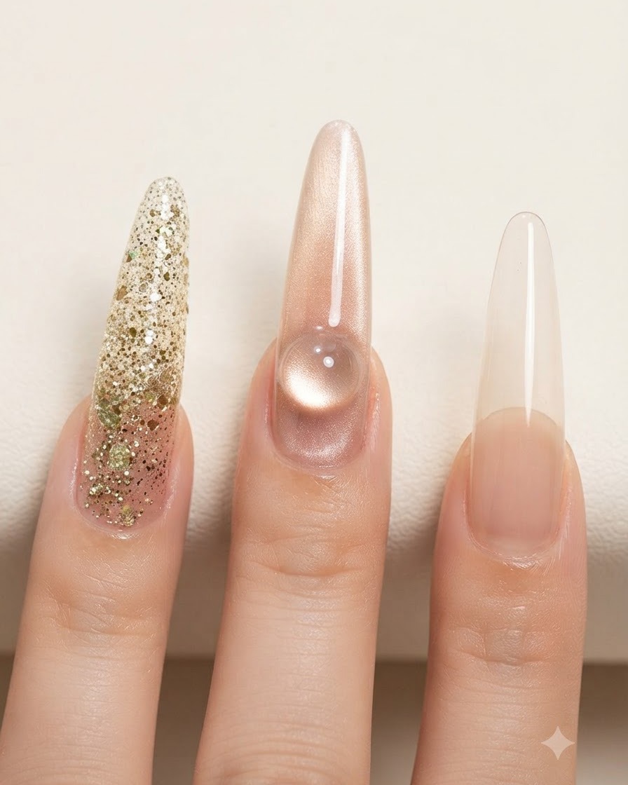 Eine Ansicht von oben auf drei lange, gestylte Nägel, wobei der Mittelfinger einen markanten, hellen, kugelförmigen Cat-Eye-Glanz aufweist, der an eine Glaskugel erinnert.