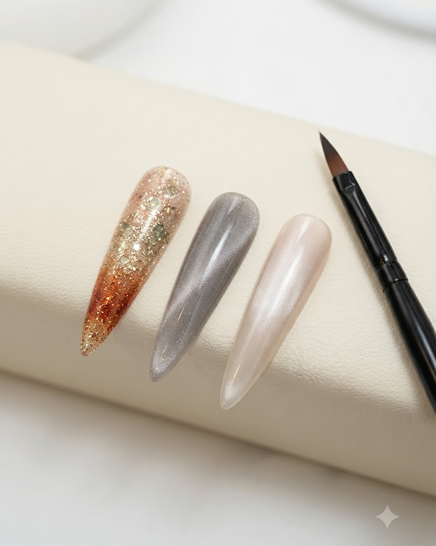 Ein Display-Ständer mit drei fertigen Übungsnagelspitzen: einem Sunset-Glitter-Ombré, einem einfarbigen Cat-Eye-Grau und einem glänzenden Nude-Orange-Ton neben einem feinen Pinsel.