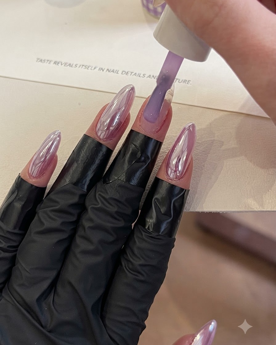 Ein Pinsel trägt ein helles, transluzentes lilafarbenes Gel auf einen Fingernagel auf.