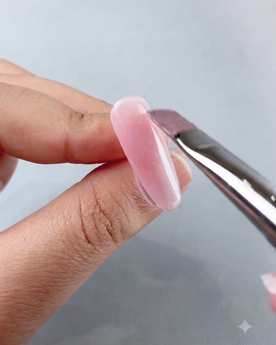 Ein Nagelpinsel trägt eine klare, schimmernde Cat-Eye-Gelschicht über die rosa Nagelbasis auf.