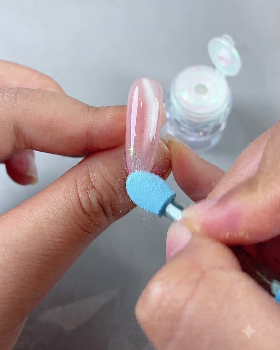 Ein blauer Schwamm-Lidschattenapplikator tupft irisierendes Magic Mirror Powder auf die Spitze eines rosa Cat-Eye-Nagels.
