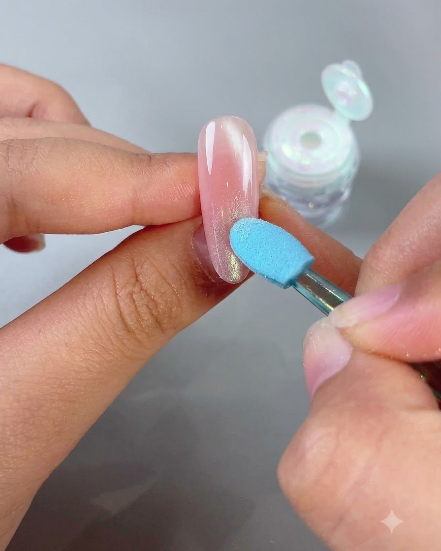Ein blauer Schwammapplikator poliert sanft Magic Mirror Powder auf die Spitze eines mandelförmigen rosa Nagels, um einen Ombré-Effekt zu erzeugen.