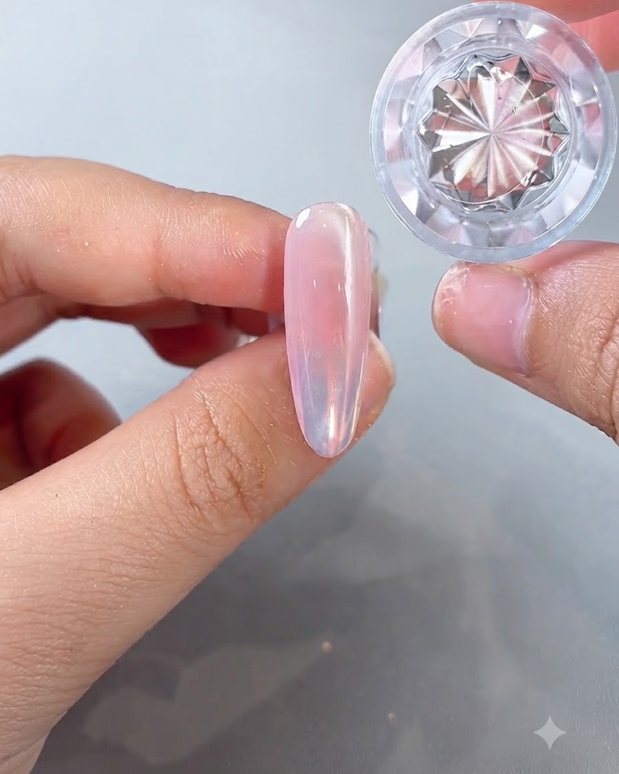 Ein Glas Ice-Island-Aurora-Puder neben einem mandelförmigen Nagel mit einem sauberen, fortgeschrittenen Finish.