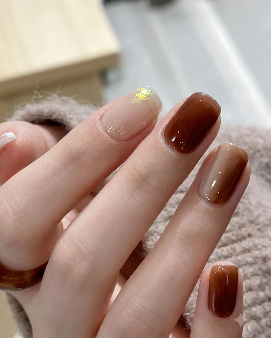 Eine detaillierte Aufnahme von zarten Goldglitter-Flocken, die mit einem feinen Werkzeug auf eine Nude-Nagelbasis platziert werden.
