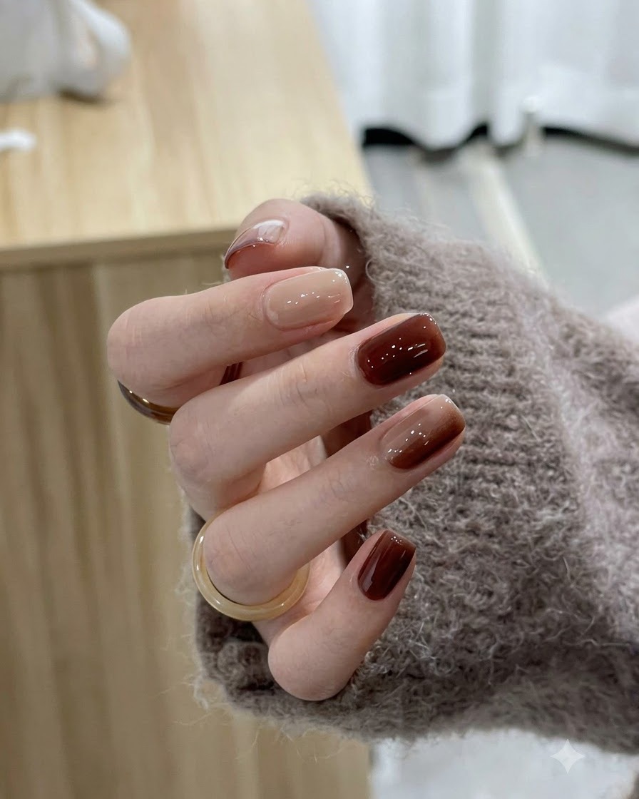 Eine Nahaufnahme einer Hand, bei der ein klarer, glänzender Top Coat über fertige Karamell-Bernstein-Gradient-Nägel aufgetragen wird.