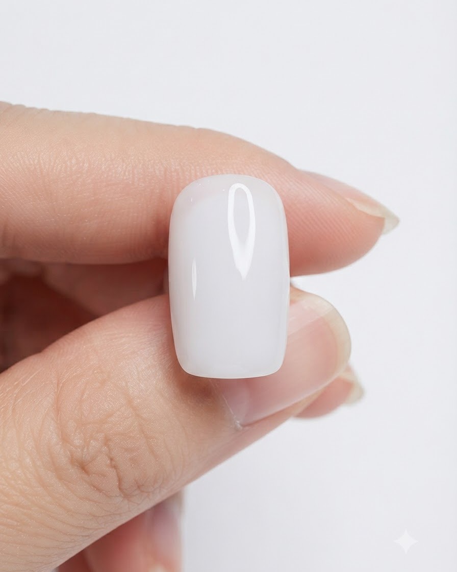 Nahaufnahme eines Fingers mit einer perfekt glatten und ausgehärteten milchweißen Nageloberfläche.