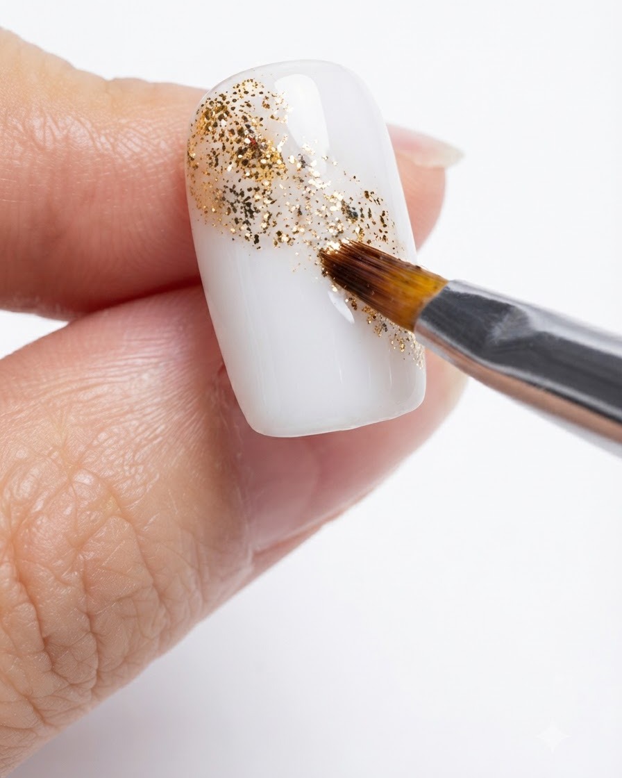 Nahaufnahme eines Feinzelpinsels, der Goldglitter über den diagonalen Nagelabschnitt verfeinert und verteilt.