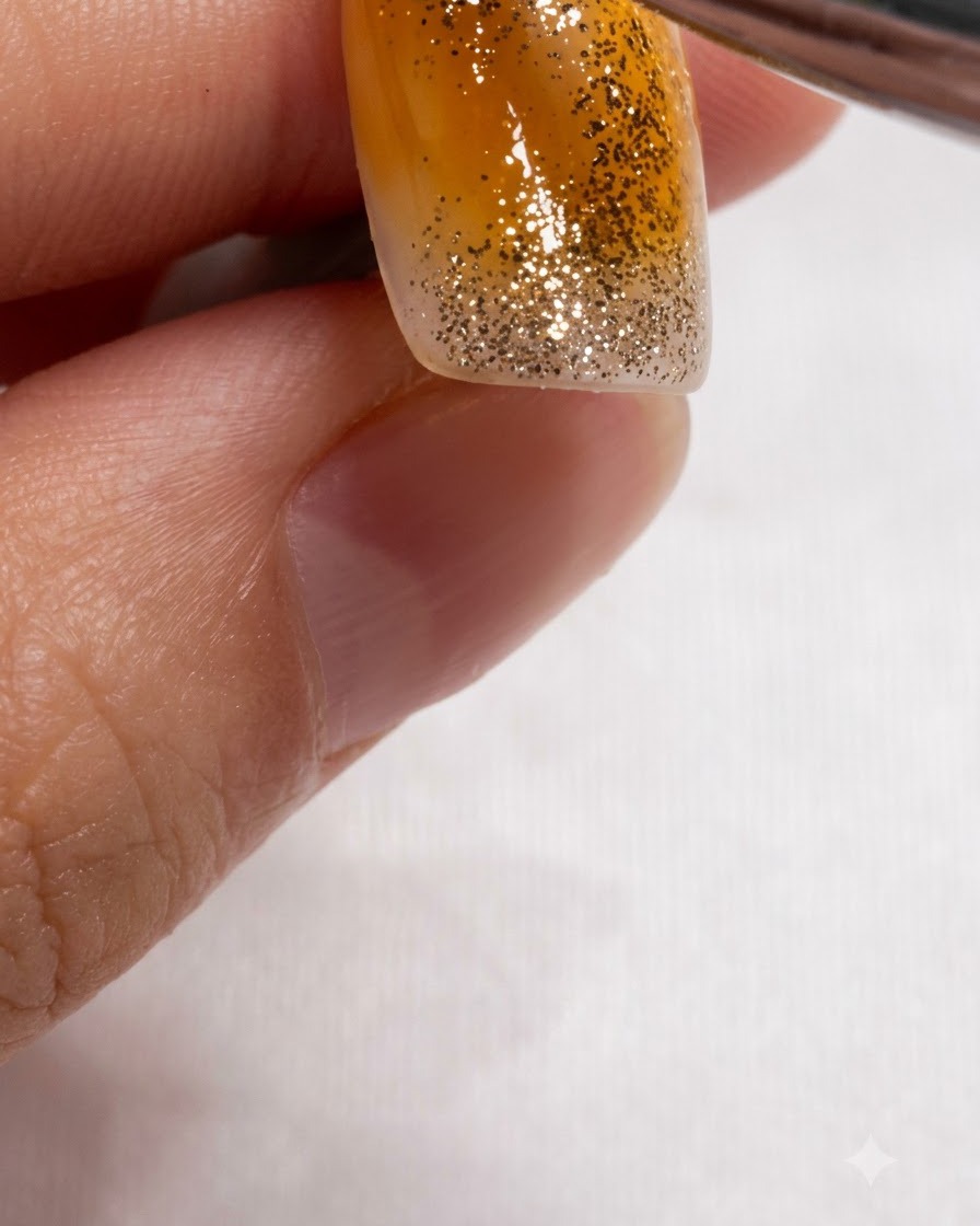 Ein Pinsel überlagert warme bernsteinfarbene Braunaquarell-Verblendungen auf dem goldenen Glitter-Nagelbereich.