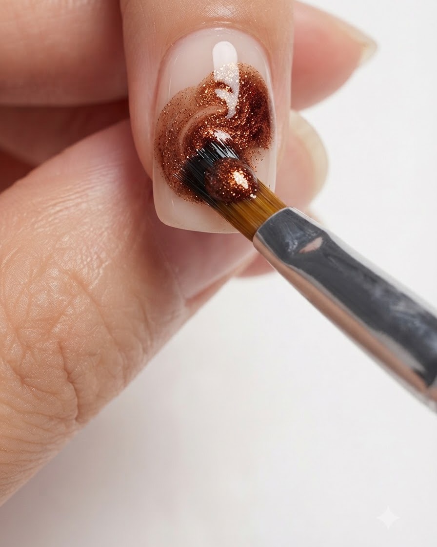 Detaillierte Nahaufnahme eines Nagelpinsels, der warme Karamell- und Bernsteintöne auf einem manikürten Fingernagel verblendet.