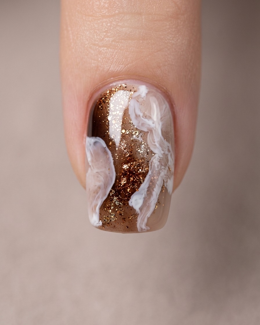 Makro-Ansicht von oben eines fertigen Nagels mit weichen weißen Schlieren und satten Bernsteintönen.