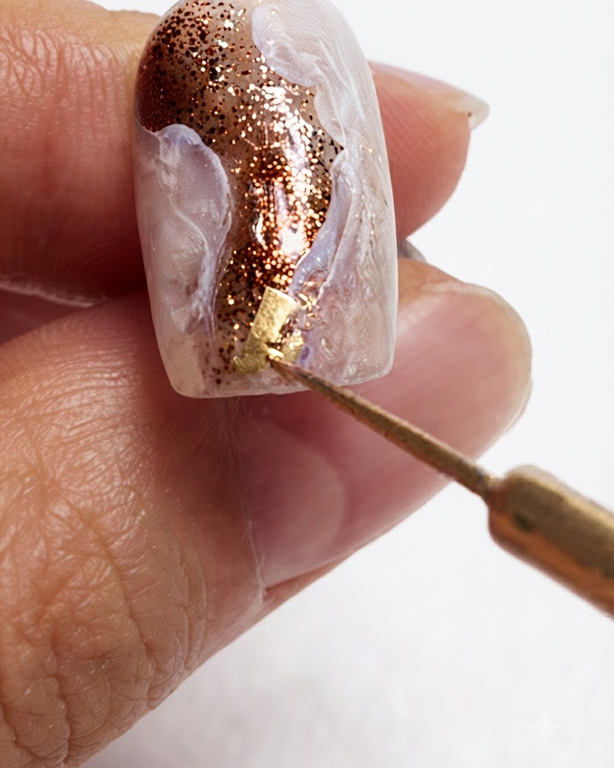 Ein Detailwerkzeug platziert kleine Fragmente aus schimmerndem Blattgold auf einem texturierten Nageldesign.