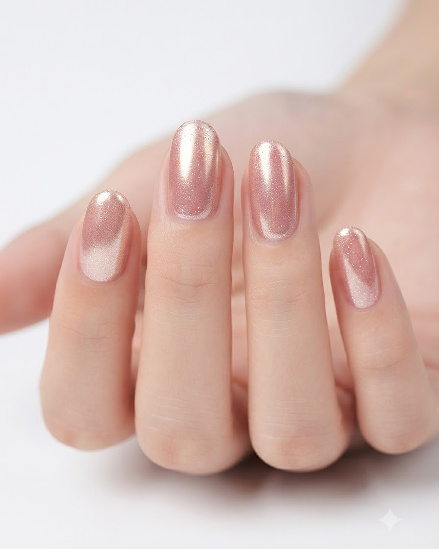 Ein Manikürepinsel trägt transluzente pinke Gel-Farbe gleichmäßig auf die Nageloberfläche auf.