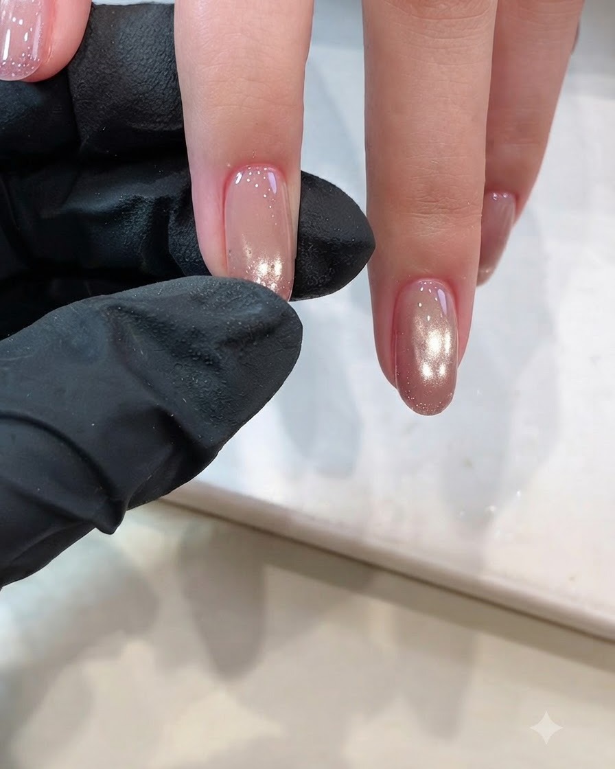 Auftragen von magnetischem Cat-Eye-Gel-Lack über der Grundfarbe für einen Aurora-Effekt.