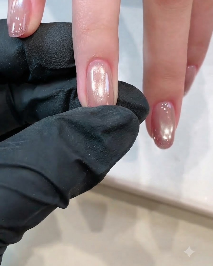 Ein Magnetwerkzeug wird nah an den Nagel gehalten, um die Cat-Eye-Partikel zu einem leuchtenden Streifen zu konzentrieren.