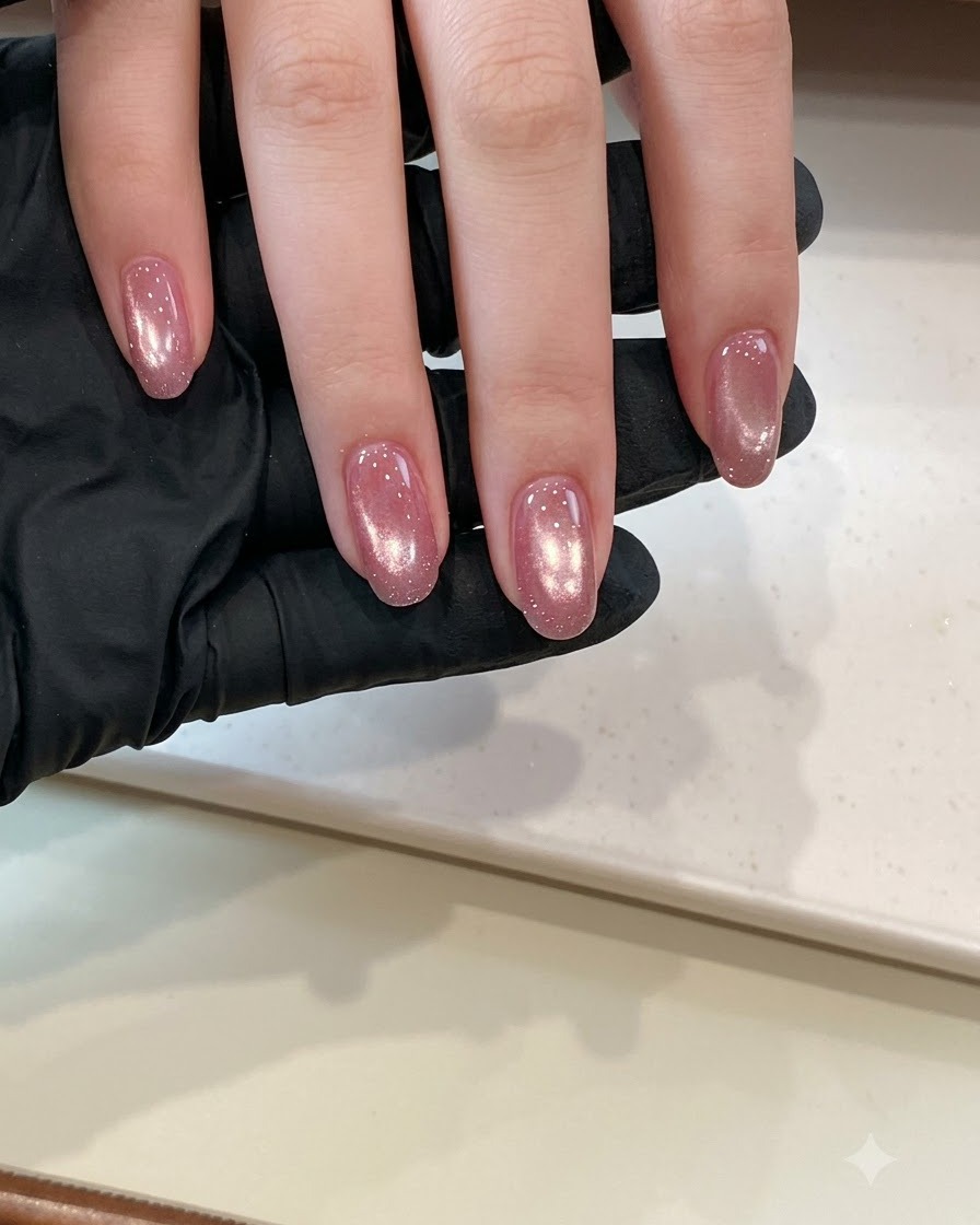 Nahaufnahme einer Hand, die vorsichtig irisierenden Crushed-Ice-Glitzer auf die Mitte und die Nagelspitze eines pinken Gelnagels tupft.