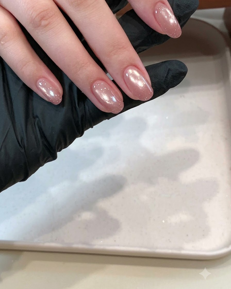Ein Nagelpinsel zieht einen dicken, glänzenden Top Coat über ein strukturiertes Glitzer-Nageldesign vor dem Aushärten unter einer Lampe.