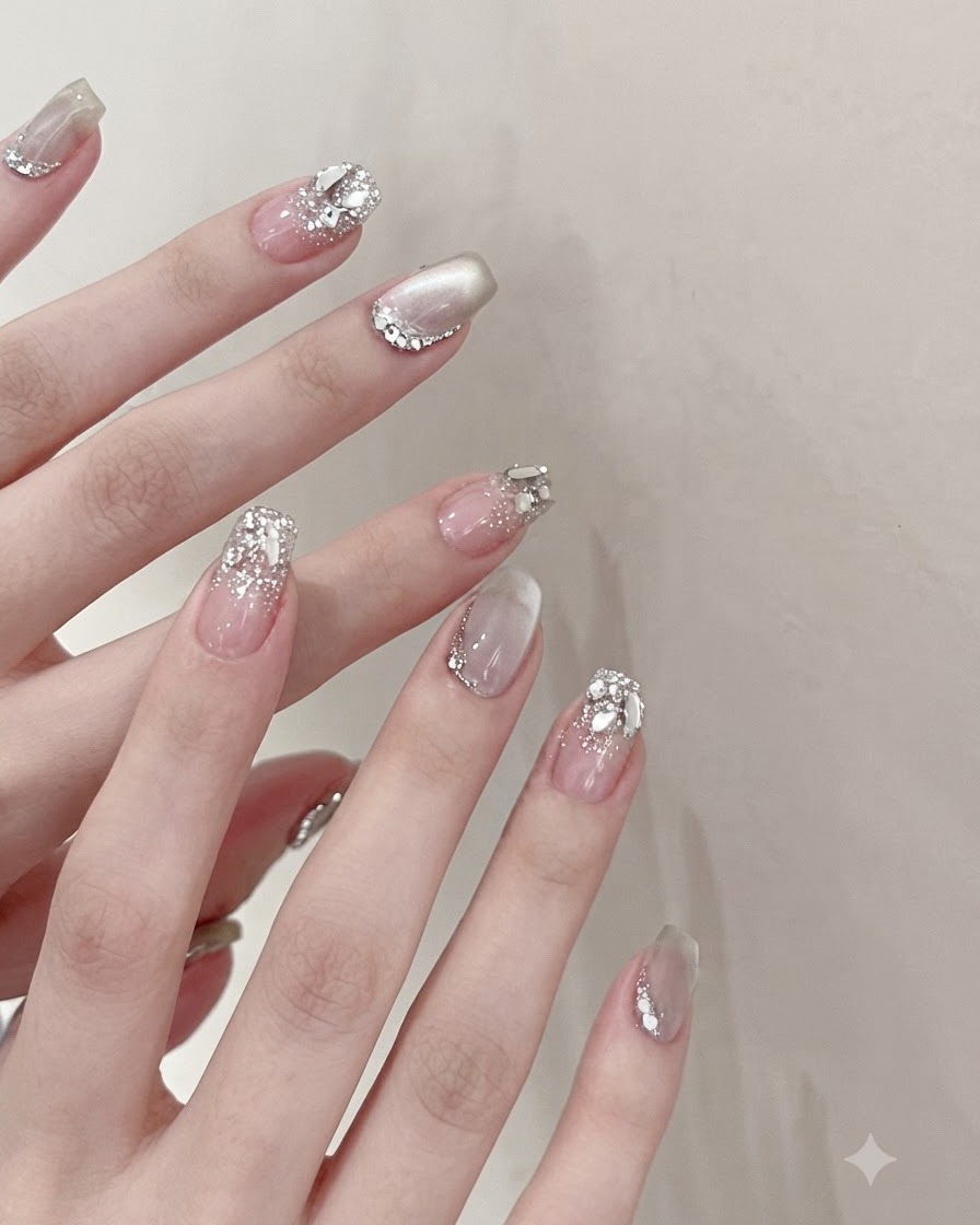 Ein Gel-Nagellackpinsel trägt ein schimmerndes, durchscheinendes Mondlicht-Cat-Eye-Gel auf einen natürlichen quadratischen Nagel auf.