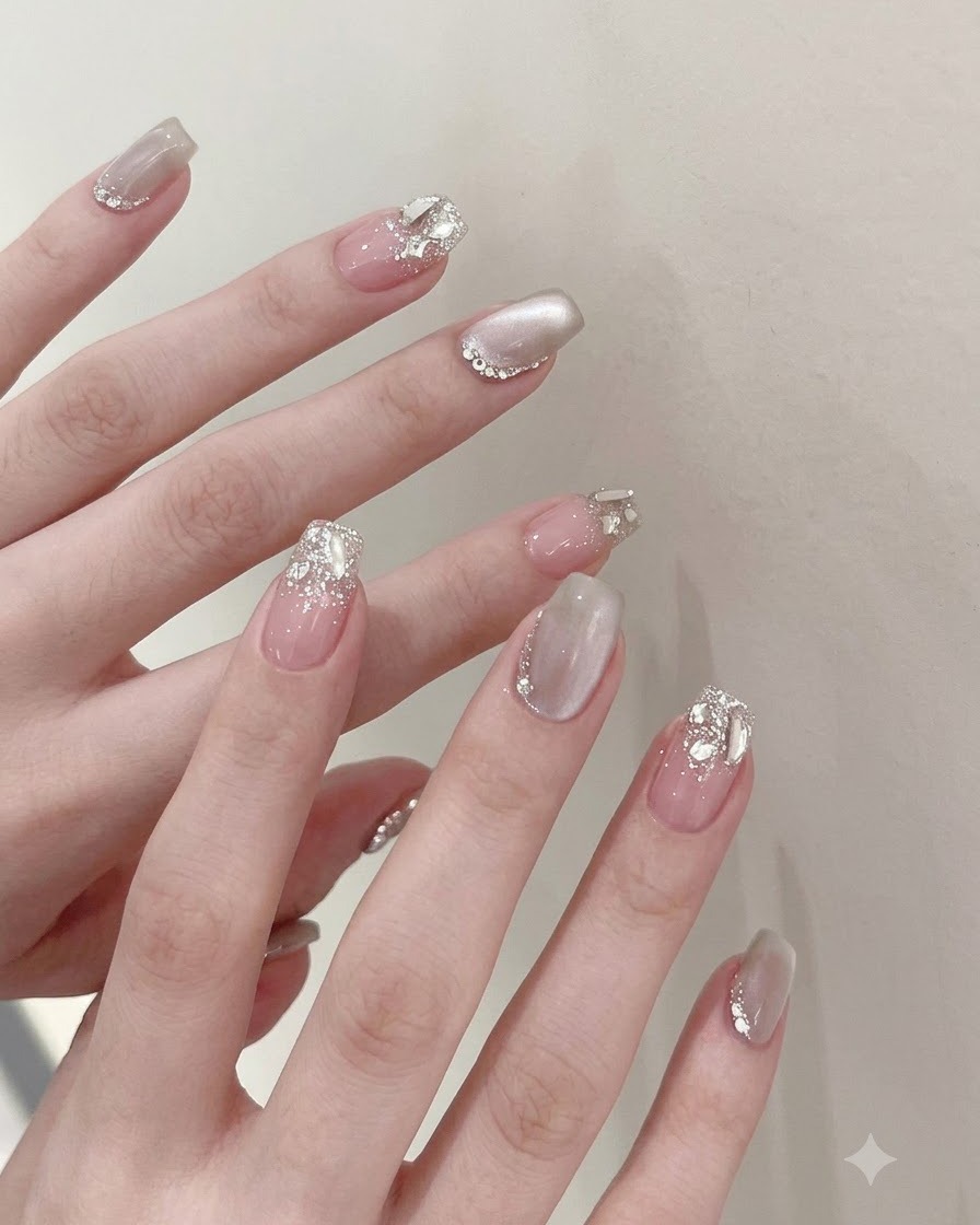 Ein kleiner zylindrischer Magnet schwebt dicht über einem feuchten Cat-Eye-Gel-Nagel, um die schimmernde Linie zu bündeln.