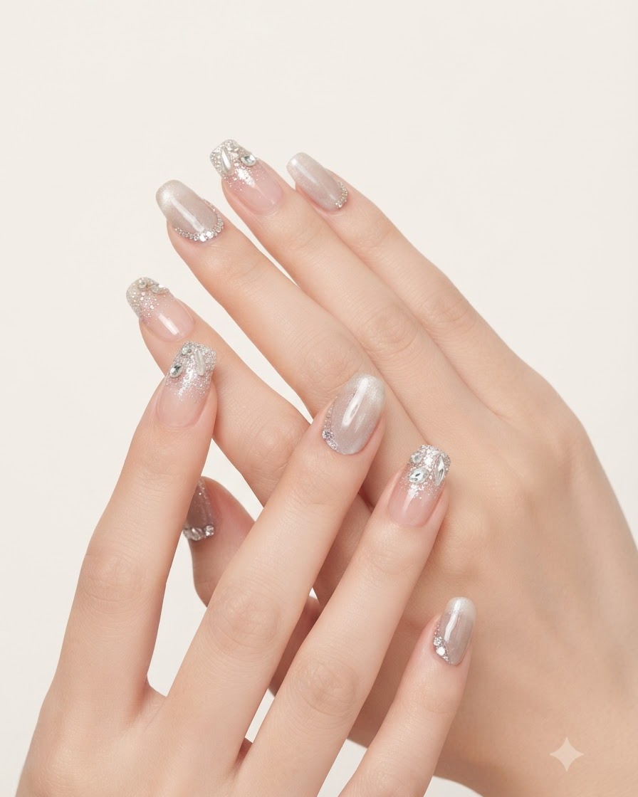 Eine Hand ruht in einer rosa LED-Nagellampe mit einem leuchtend lila Licht, das das frisch magnetisierte Cat-Eye-Gel aushärtet.