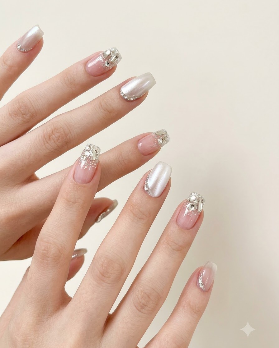 Ein feiner Pinsel platziert einen klaren Tropfen Aufbaugel in der Nähe des Nagelhautbereichs eines fertigen Cat-Eye-Nagels.