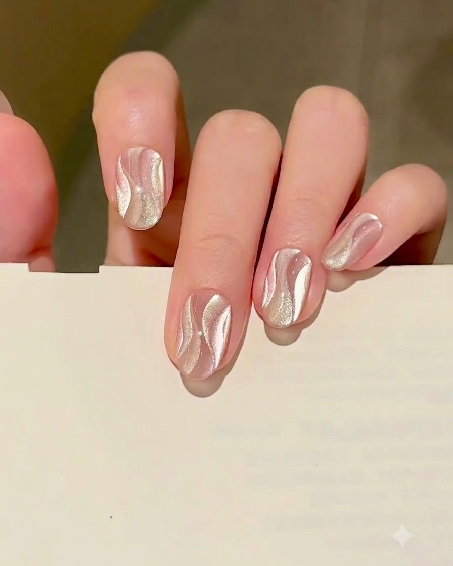 Ein Pinsel trägt eine glatte, dünne Schicht Nude-Gel-Lack auf die Mitte eines sauberen, gefeilten Fingernagels auf.