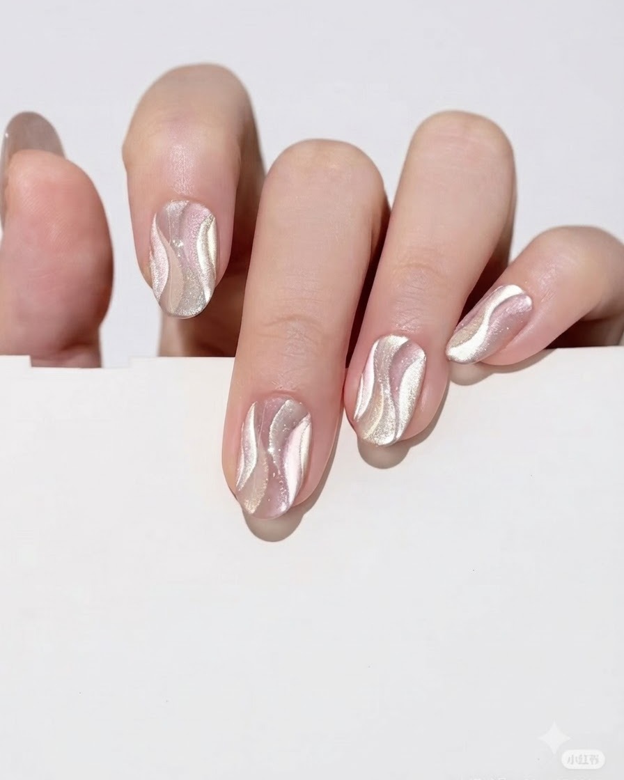 Ein kleiner Magnet wird dicht über einen mit Gel bemalten Fingernagel gehalten, um das Cat Eye Pigment zu konzentrieren.