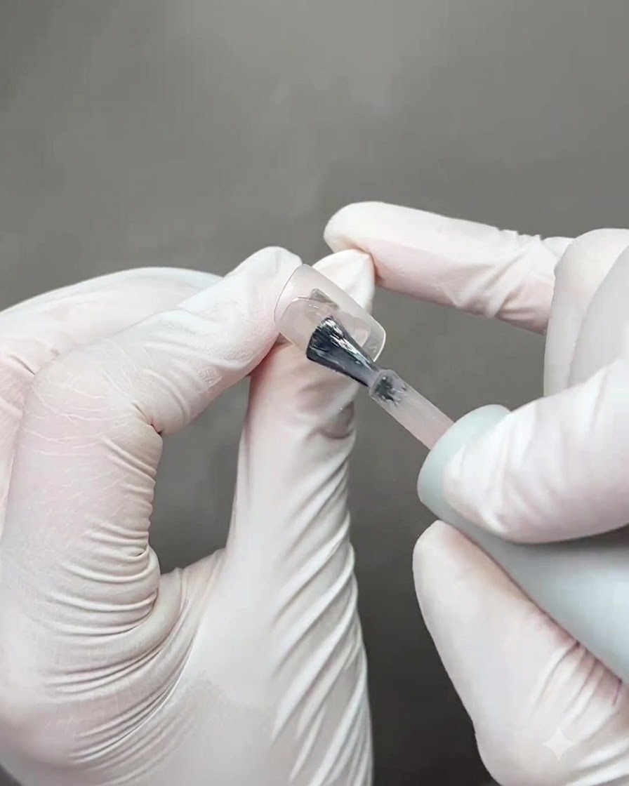 Nägel werden nach der Fertigstellung des dritten Cat Eye Bandstrichs unter eine Aushärtungslampe gelegt.